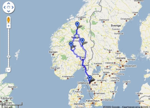 2009 Noorwegen kaart van de rondreis.